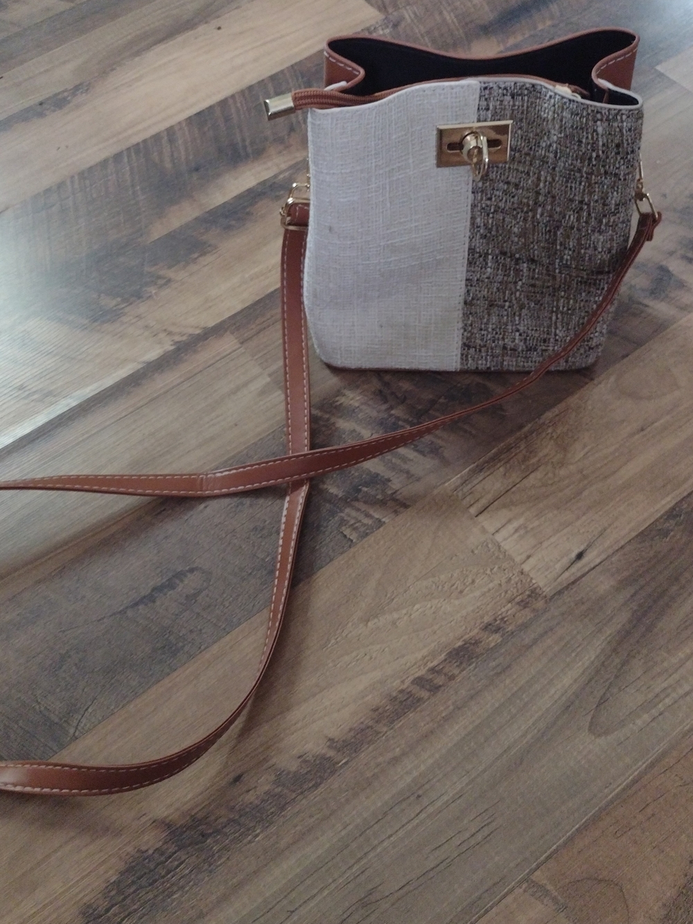 Neutral Two-Tone Crossbody Bag with Brown Strap